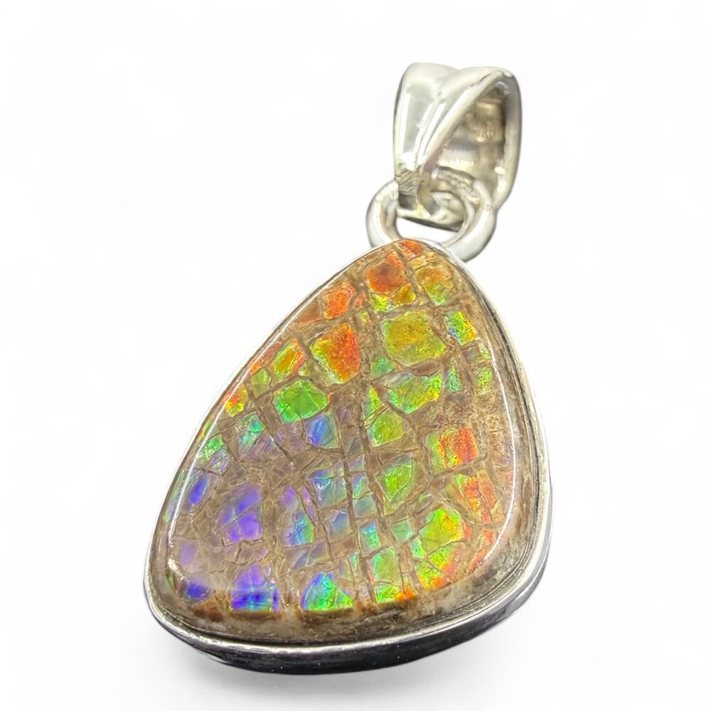 Genuine Ammolite Pendant 925 Sterling Silver Opalized Ammonite Artisan
